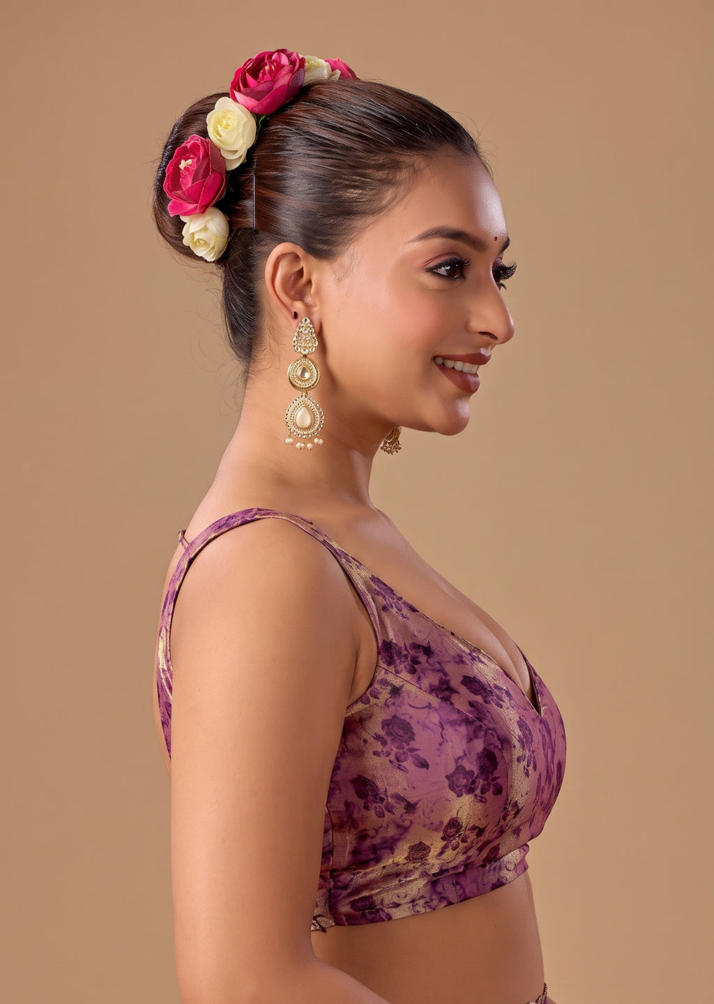Ethnic9 Purple Floral Brocade Sweetheart Neck Sleeveless Readymade Blouse for Women