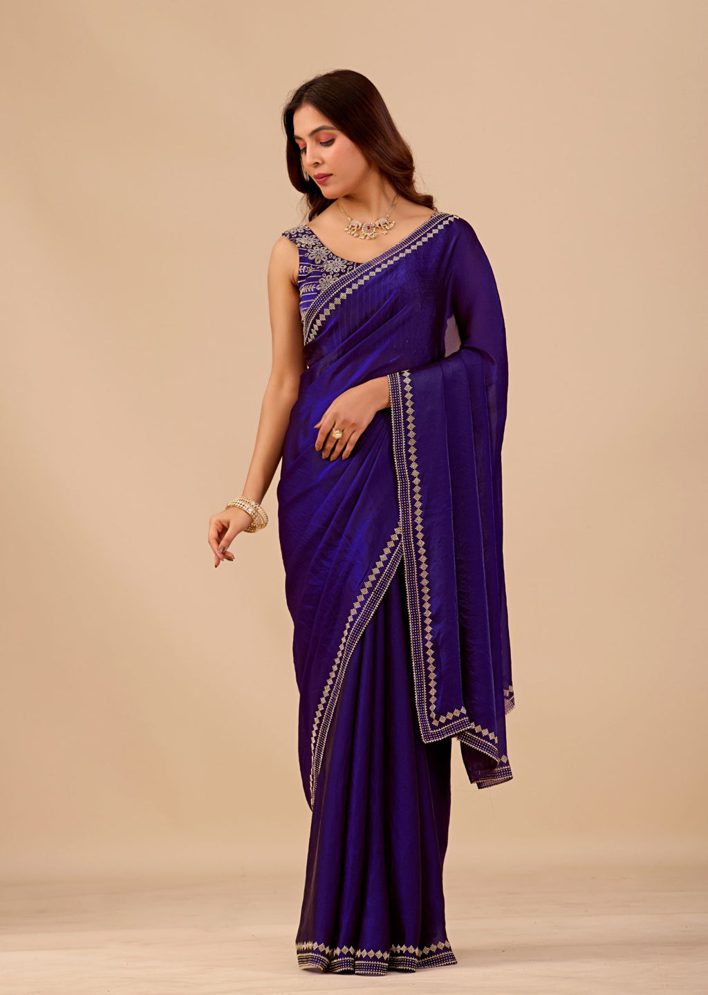Royal Blue Organza Saree with Stone Work Border & Designer Embellished Blouse
