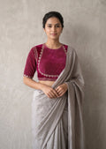 Ethnic9 Magenta Velvet Stone Work Round Neck Elbow Sleeve Designer Readymade Blouse