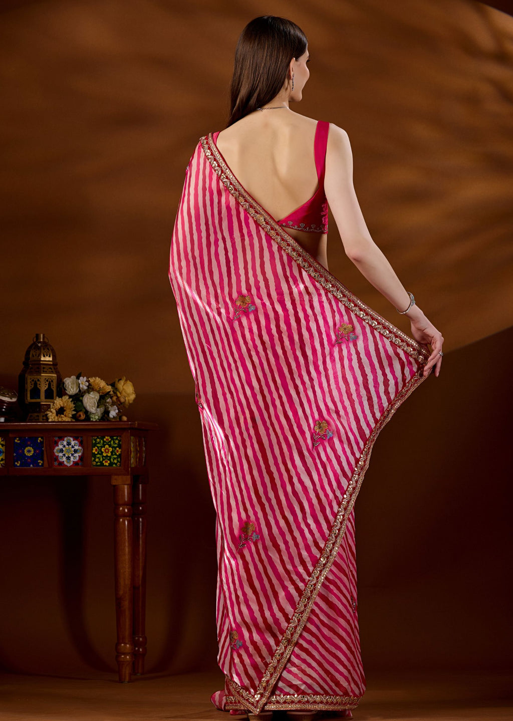 Red Pink Silk Saree Draped Look - Floral Booti Sequin Detail