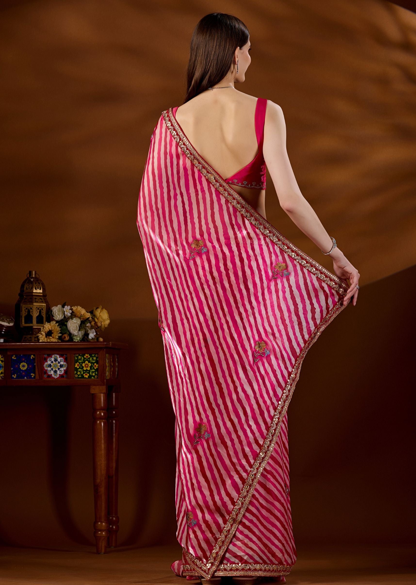 Red Pink Silk Saree Draped Look - Floral Booti Sequin Detail