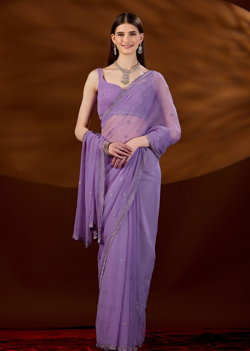 Lavender Purple Chiffon Saree Styled Look - Lace Trimmed Border
