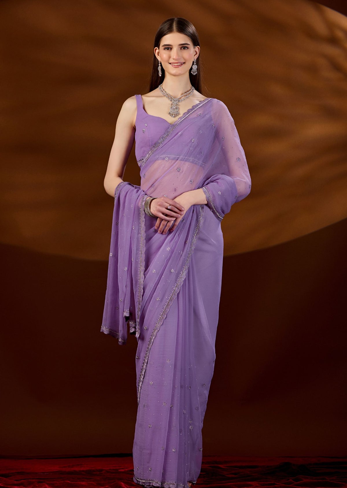 Lavender Purple Chiffon Saree Styled Look - Lace Trimmed Border