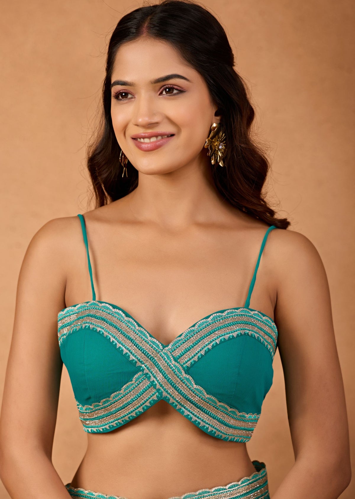 Firozi Chiffon Saree Blouse Close Up - Sequin Embroidery Design
