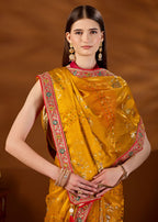 Yellow Art Silk Saree Zari Peacock Floral Jaal - Draped Pose