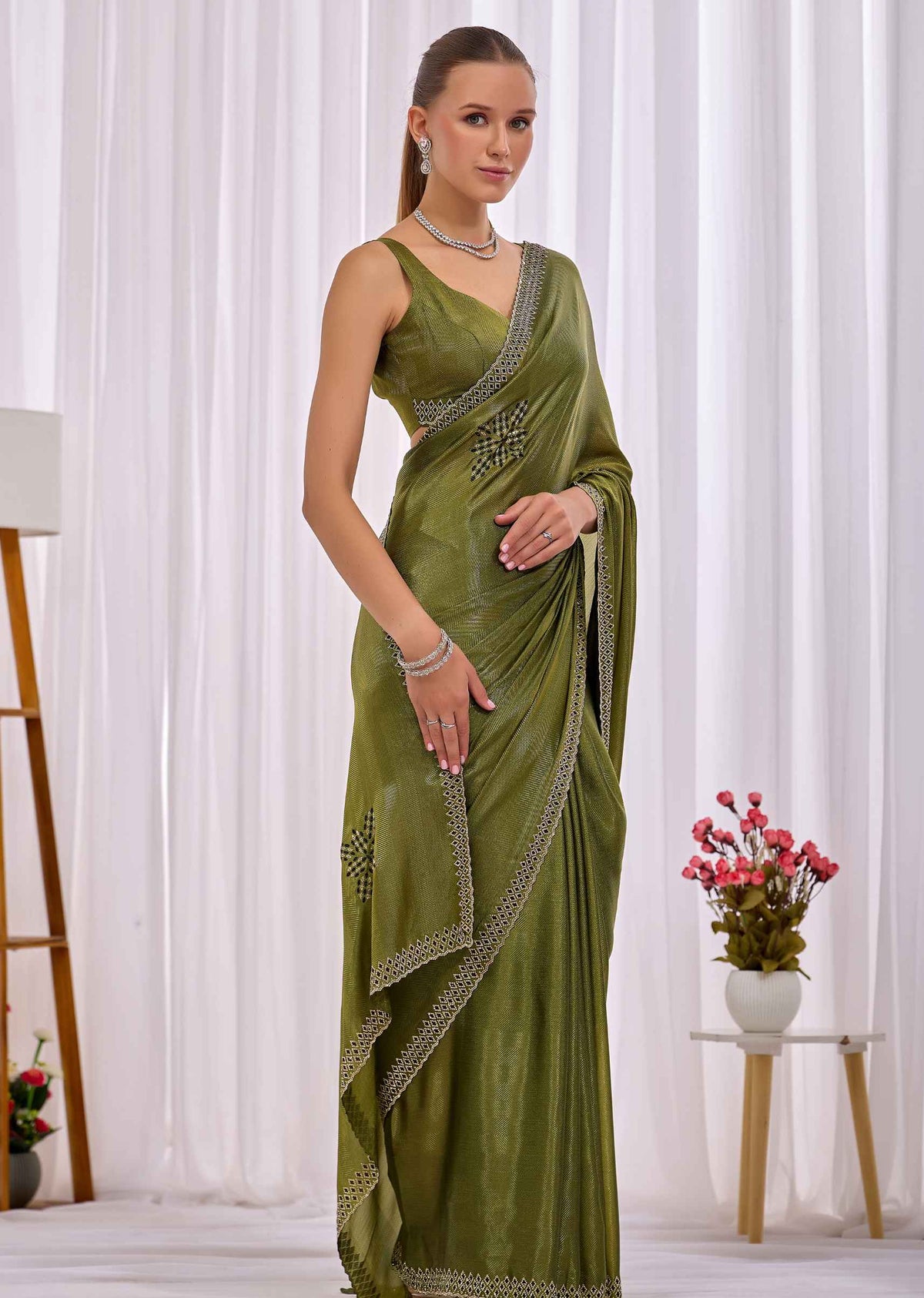Mehendi Green Italian Silk Saree With Diamond Pattern Border And Bead Motifs