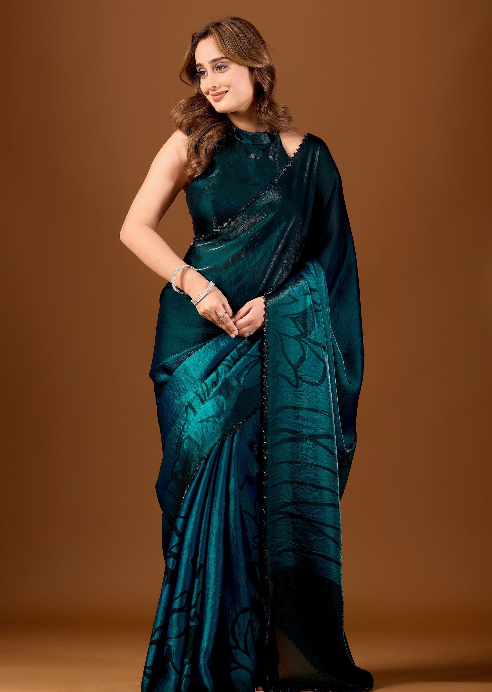 Wine Purple Organza Saree with Abstract Floral Print & Designer Scalloped Border