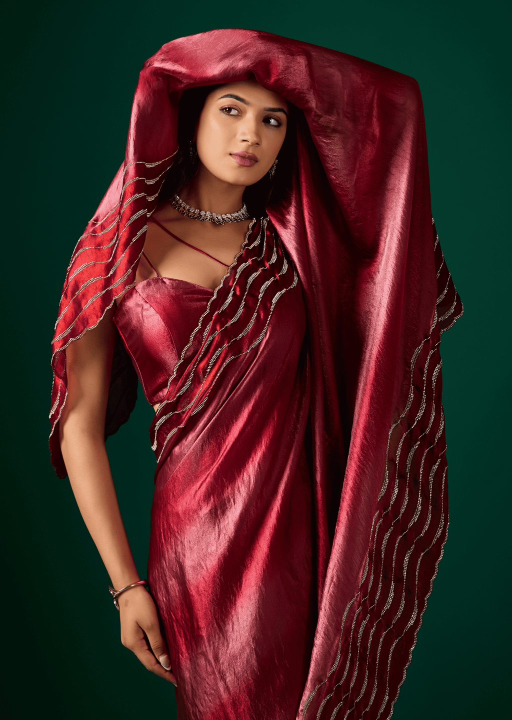 Wine Italian Silk Saree With Wavy Diamond Work - Front Look | Buy Online Ethnic9