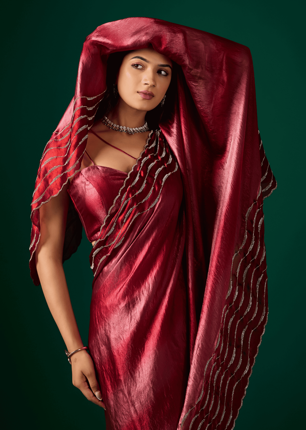 Wine Italian Silk Saree With Wavy Diamond Work - Front Look | Buy Online Ethnic9