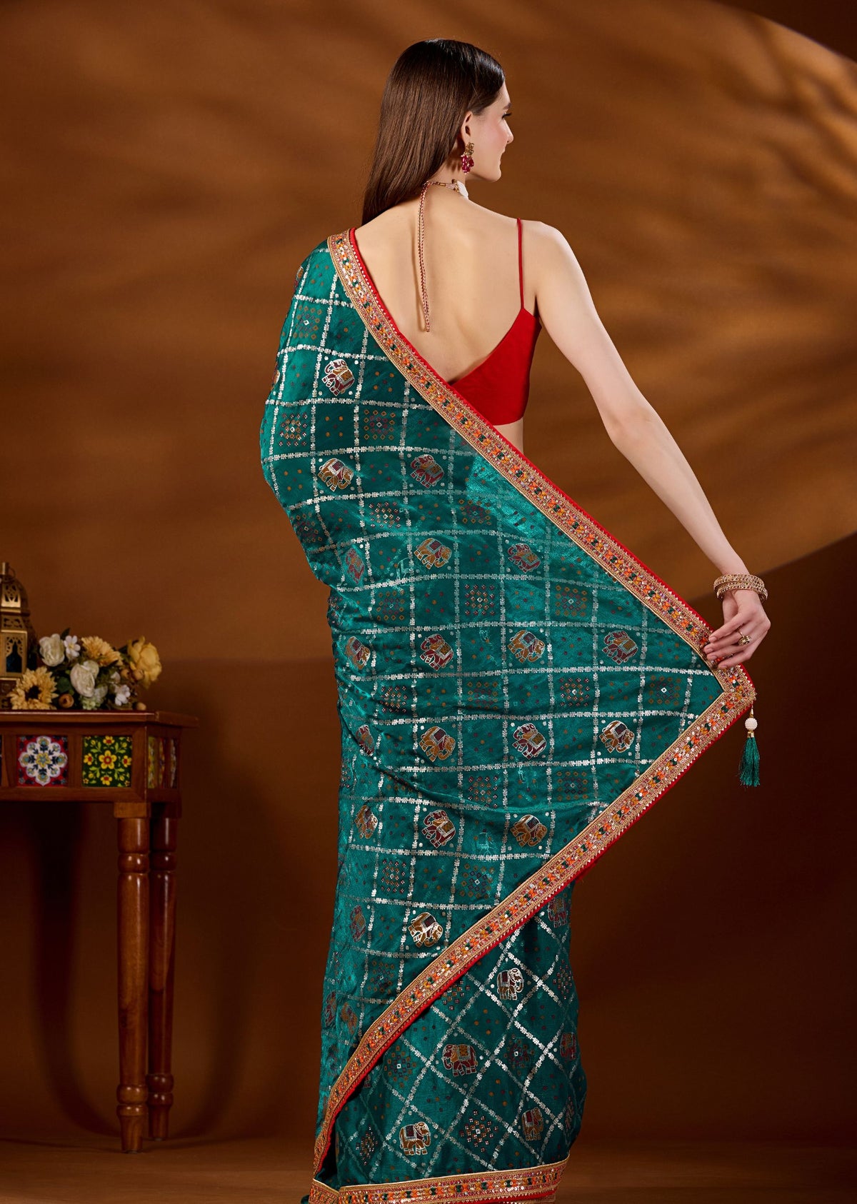Firozi Art Silk Saree Draped Look - Elephant Motif Jaal Detail