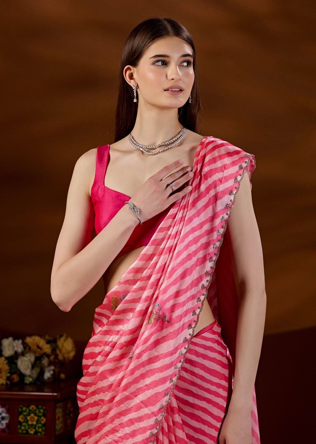Red Pink Italian Silk Saree Styled Look - Festive Wear Saree