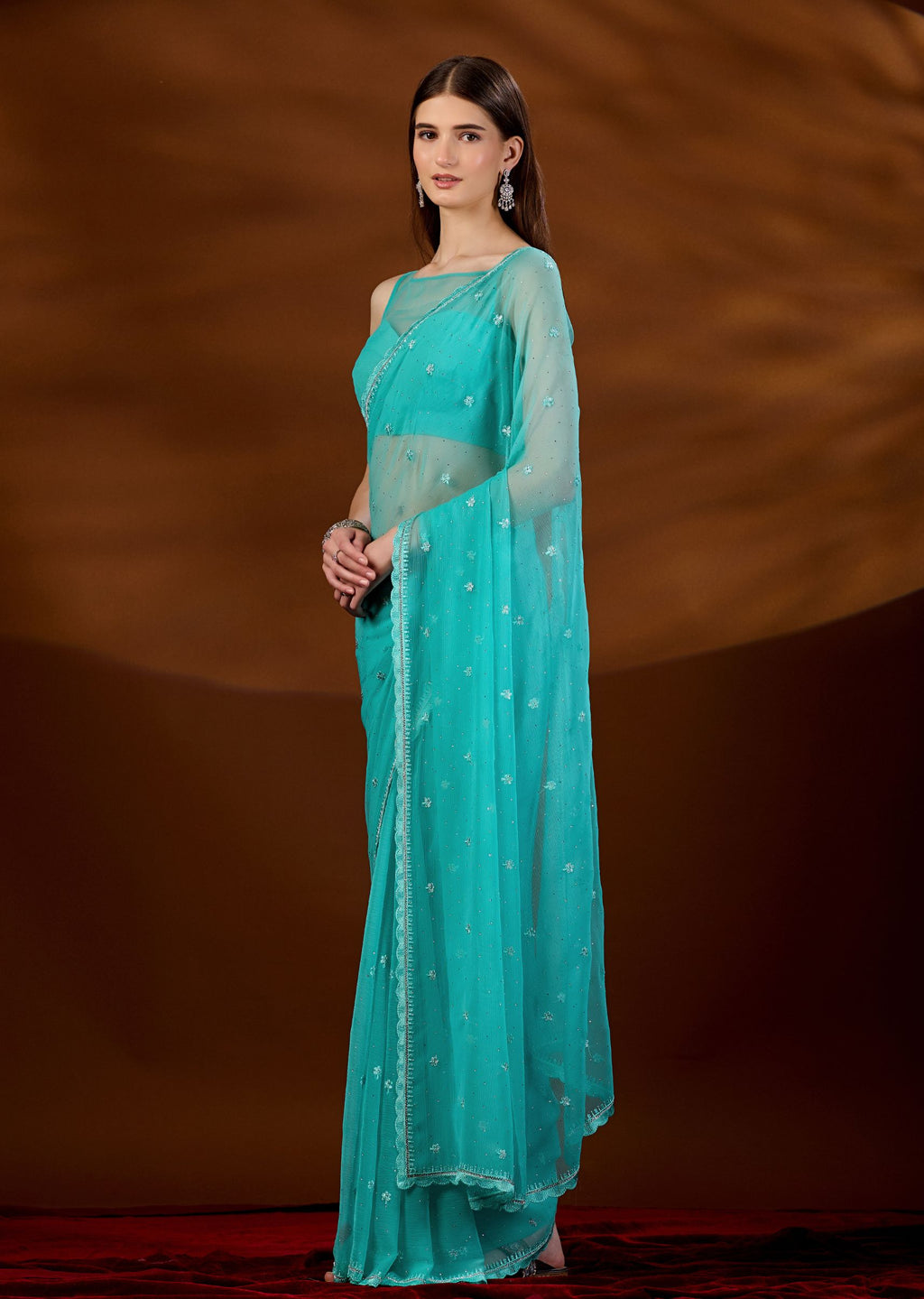 Firozi Chiffon Saree Draped Pose - Festive Wear Saree