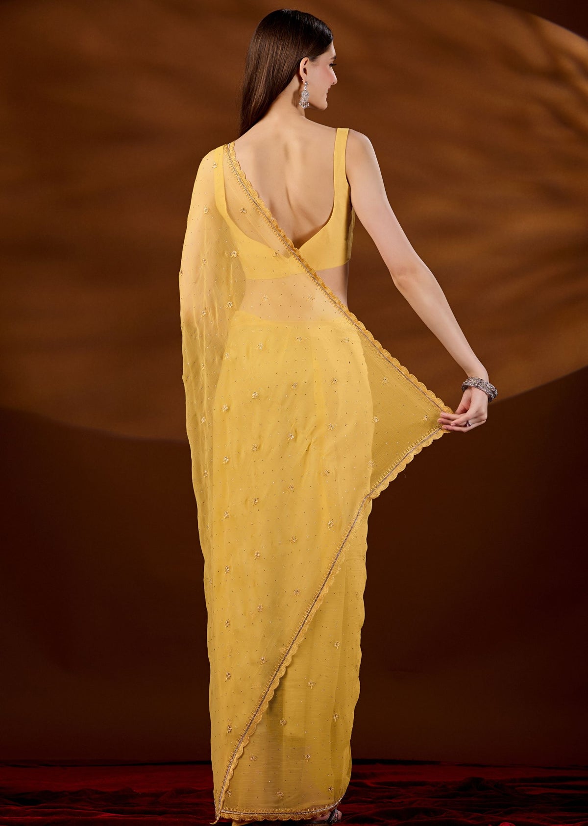 Yellow Chiffon Saree Draped Look - Sequin Floral Motif Detail