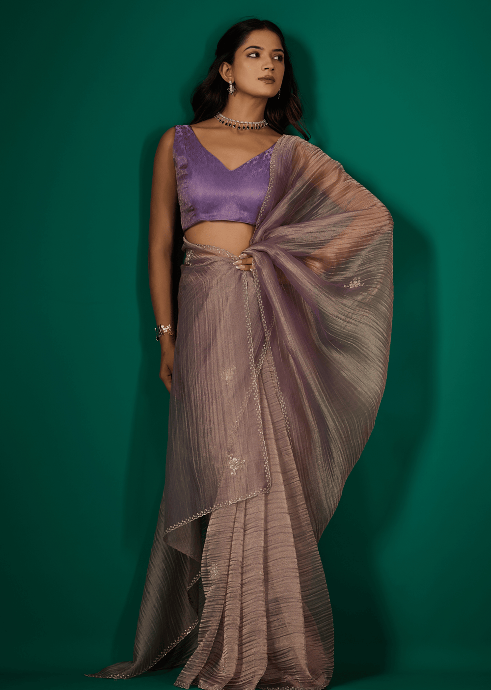 Purple Crushed Organza Saree Styled Look - Wedding Wear
