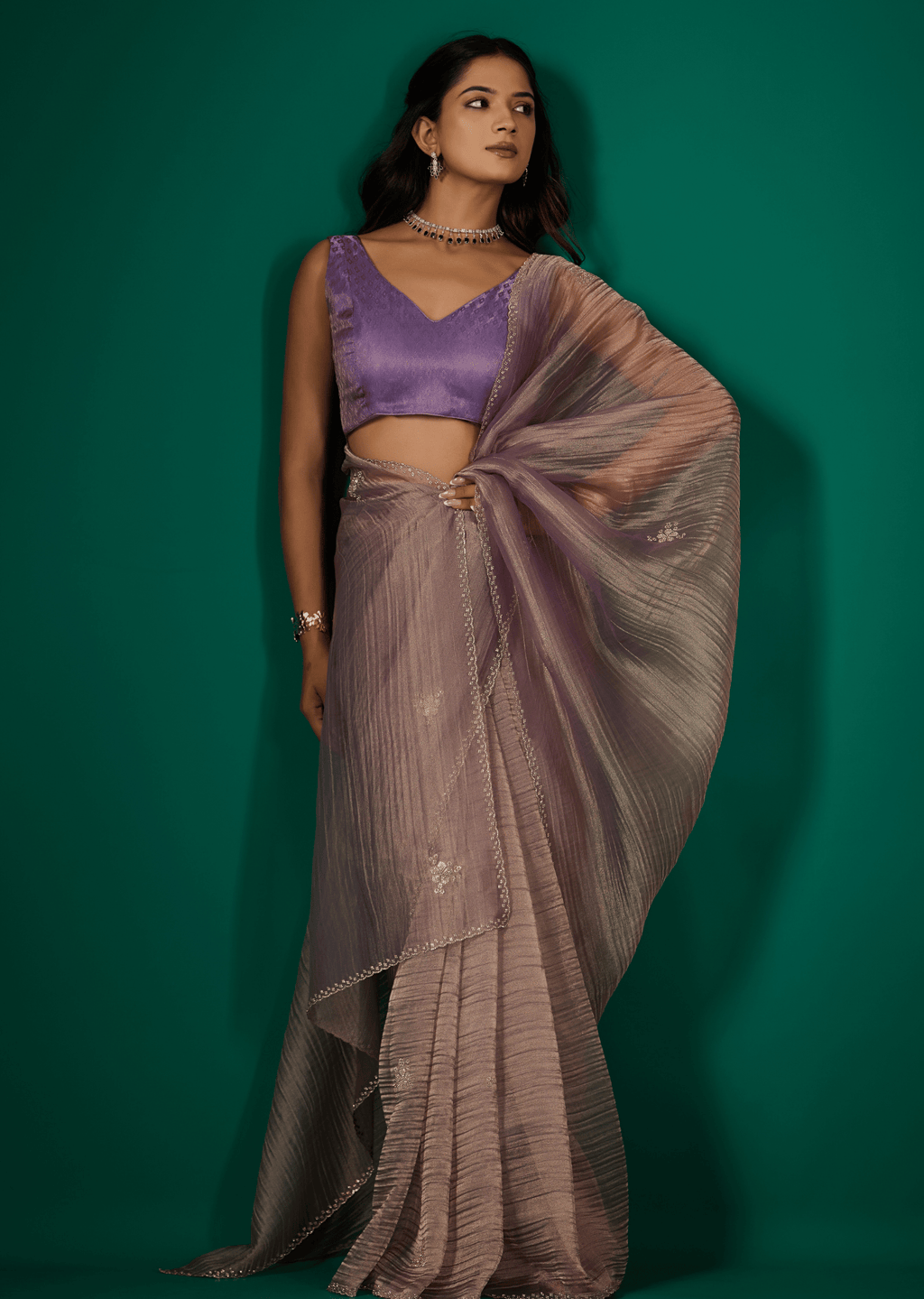 Purple Crushed Organza Saree Styled Look - Wedding Wear