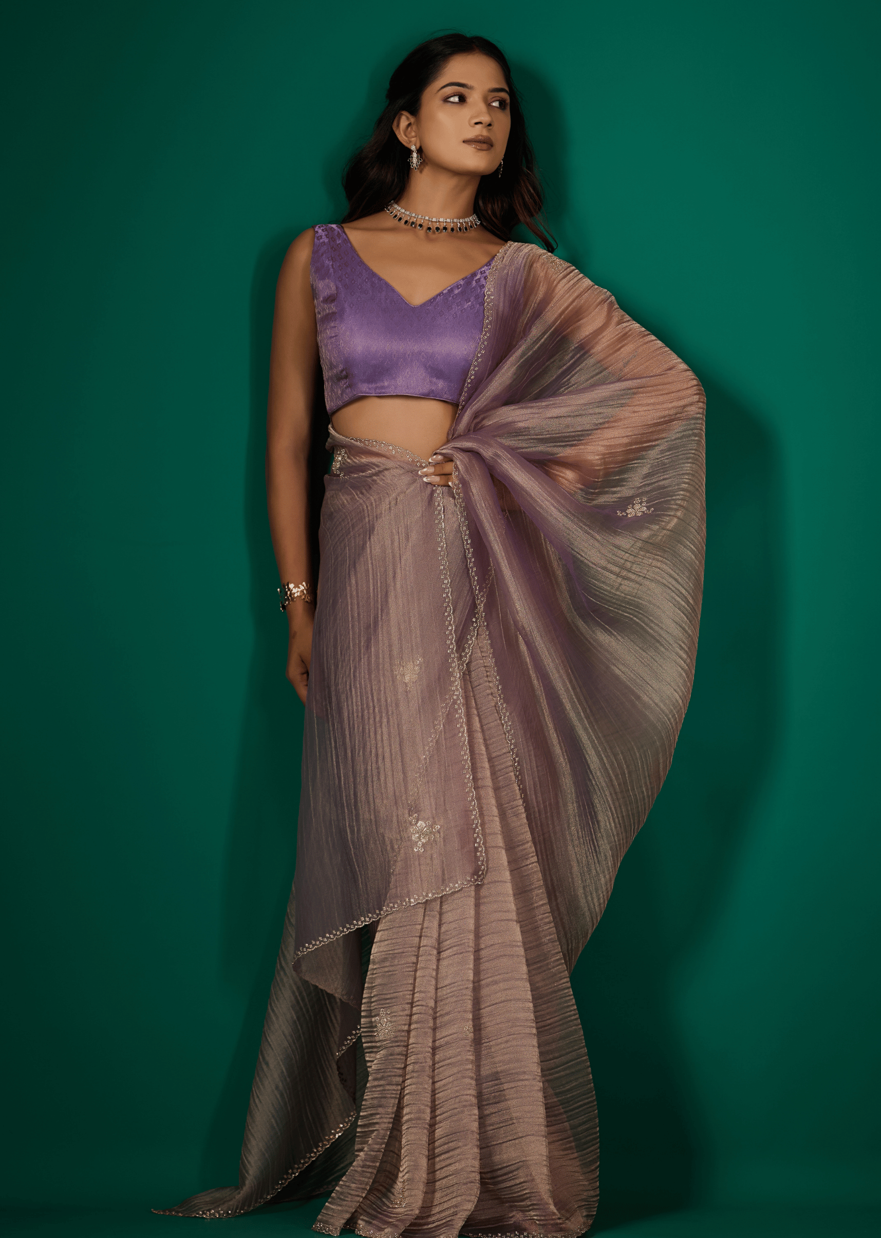 Purple Crushed Organza Saree Styled Look - Wedding Wear