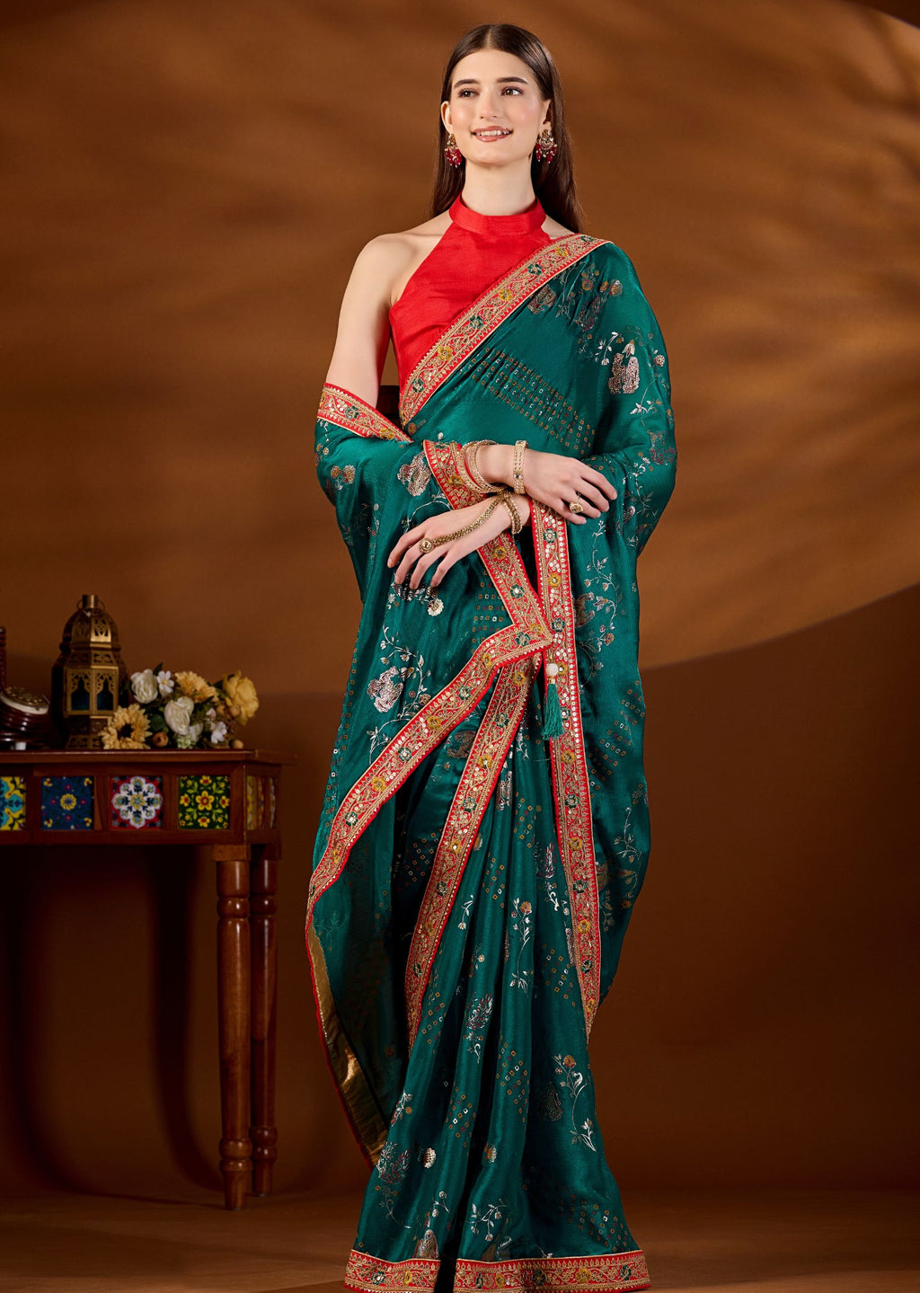 Firozi Art Silk Saree Styled Look - Festive Party Wear