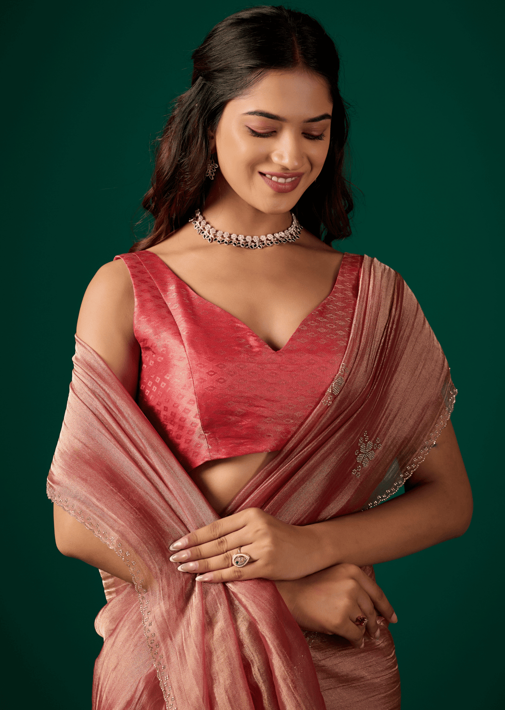 Red Crushed Organza Saree Diamond Border - Seated Pose
