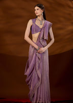 Purple Tissue Saree With Scalloped Zari Border - Front Look | Buy Online Ethnic9