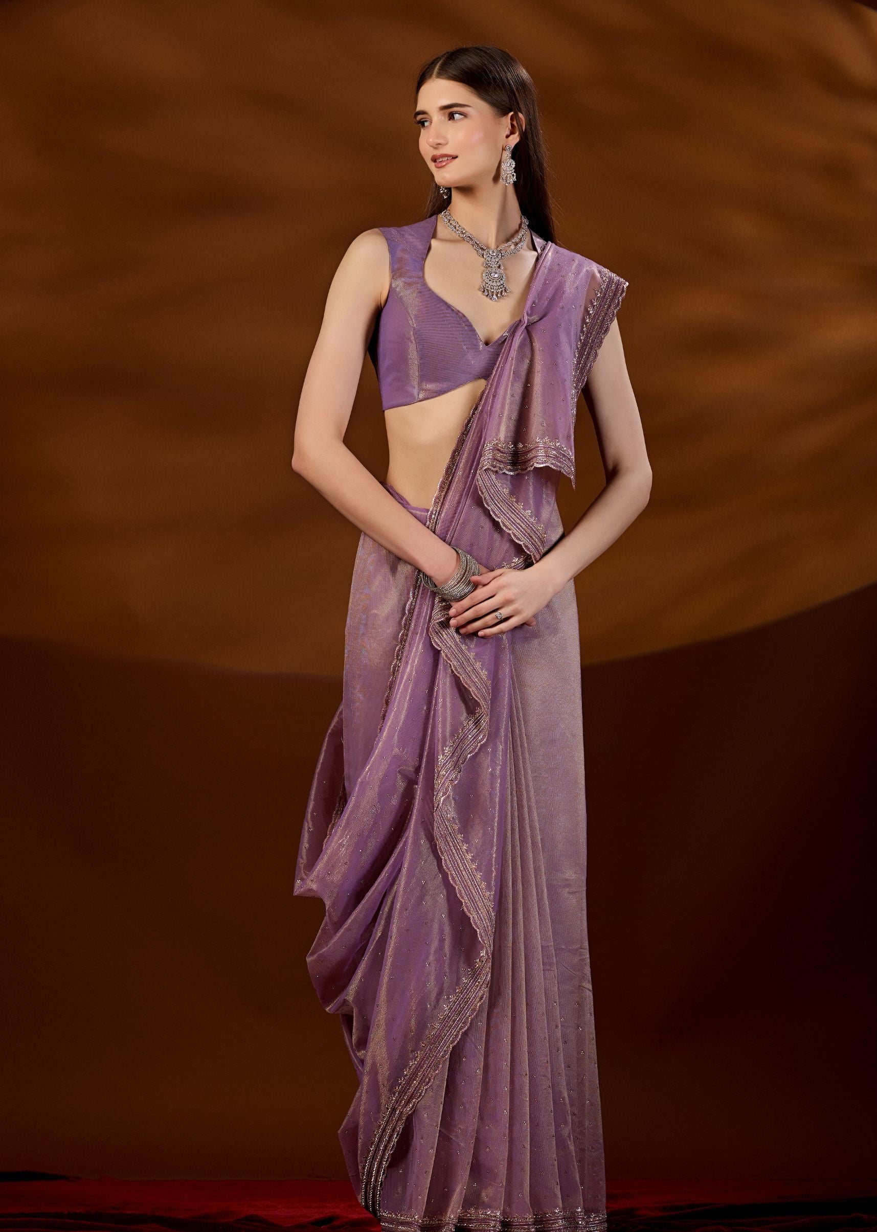 Purple Tissue Saree With Scalloped Zari Border - Front Look | Buy Online Ethnic9