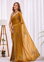Yellow Italian Silk Saree With Diamond Pattern Border And Bead Motifs