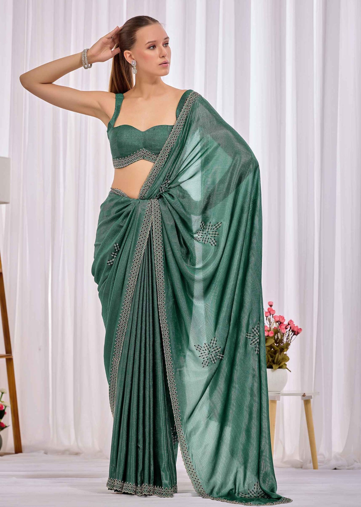 Firozi Italian Silk Saree With Diamond Pattern Border And Bead Motifs