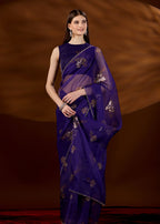 Purple Organza Saree With Sequin Floral Work - Front Look | Buy Online Ethnic9