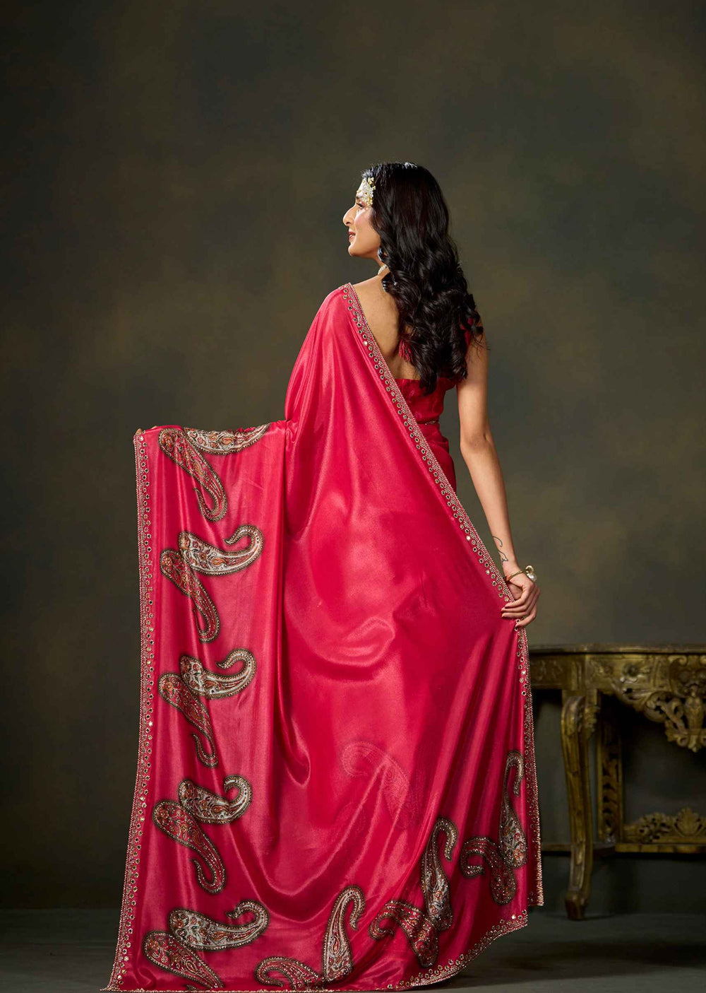 Pink Satin Silk Saree With Paisley Embellished Motifs And Border