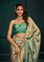 Green Ombre White Floral Printed Satin Silk Saree With Embellished Border