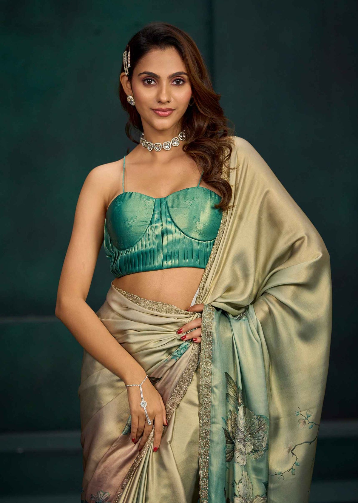 Green Ombre White Floral Printed Satin Silk Saree With Embellished Border