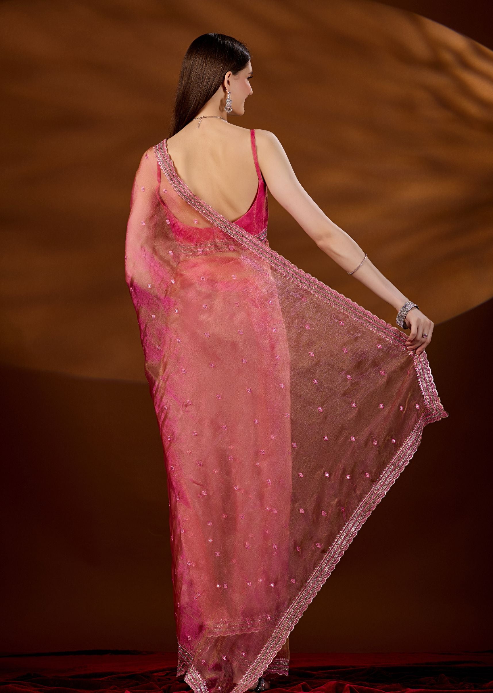 Pink Tissue Saree Draped Look - Scalloped Zari Border Detail