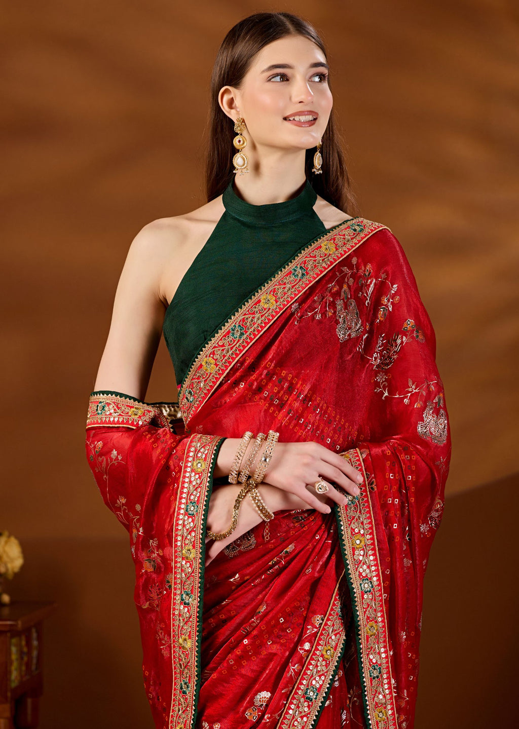 Red Art Silk Saree Side View - Festive Wear Saree