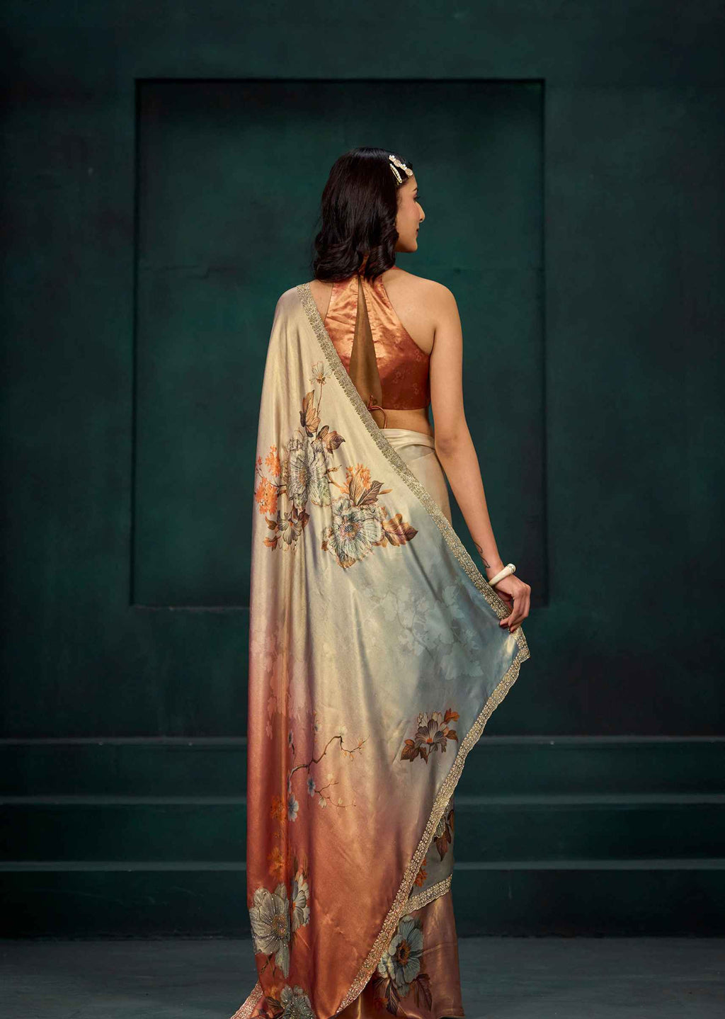 Orange Ombre Floral Printed Satin Silk Saree With Embellished Border