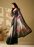 black ombre floral italian silk saree pallu floral print closeup