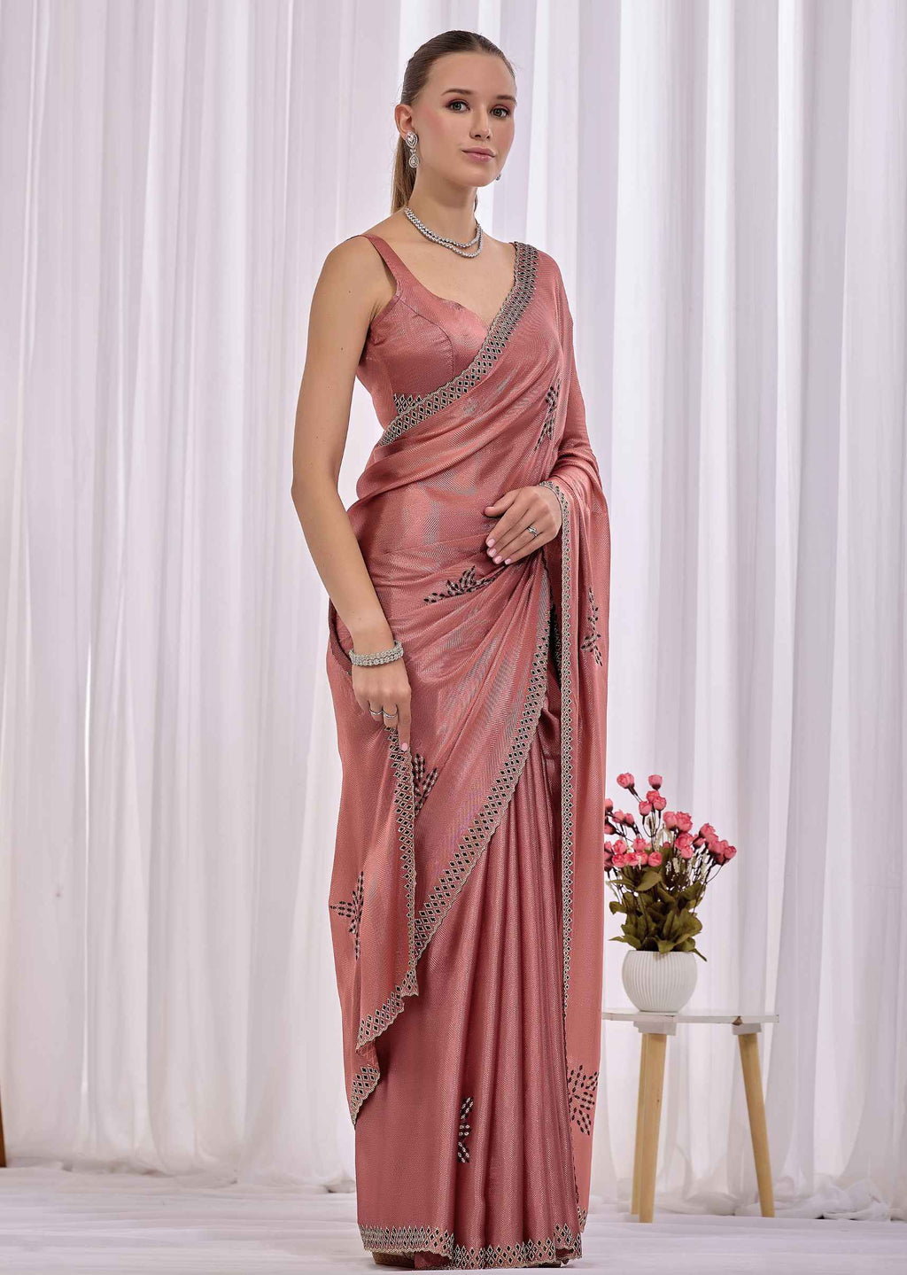Pink Italian Silk Saree With Diamond Pattern Border And Bead Motifs
