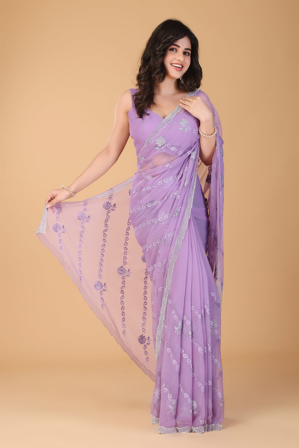 Lavender thread work swarovski chiffon saree