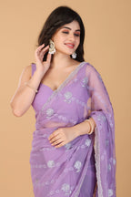 Lavender thread work swarovski chiffon saree