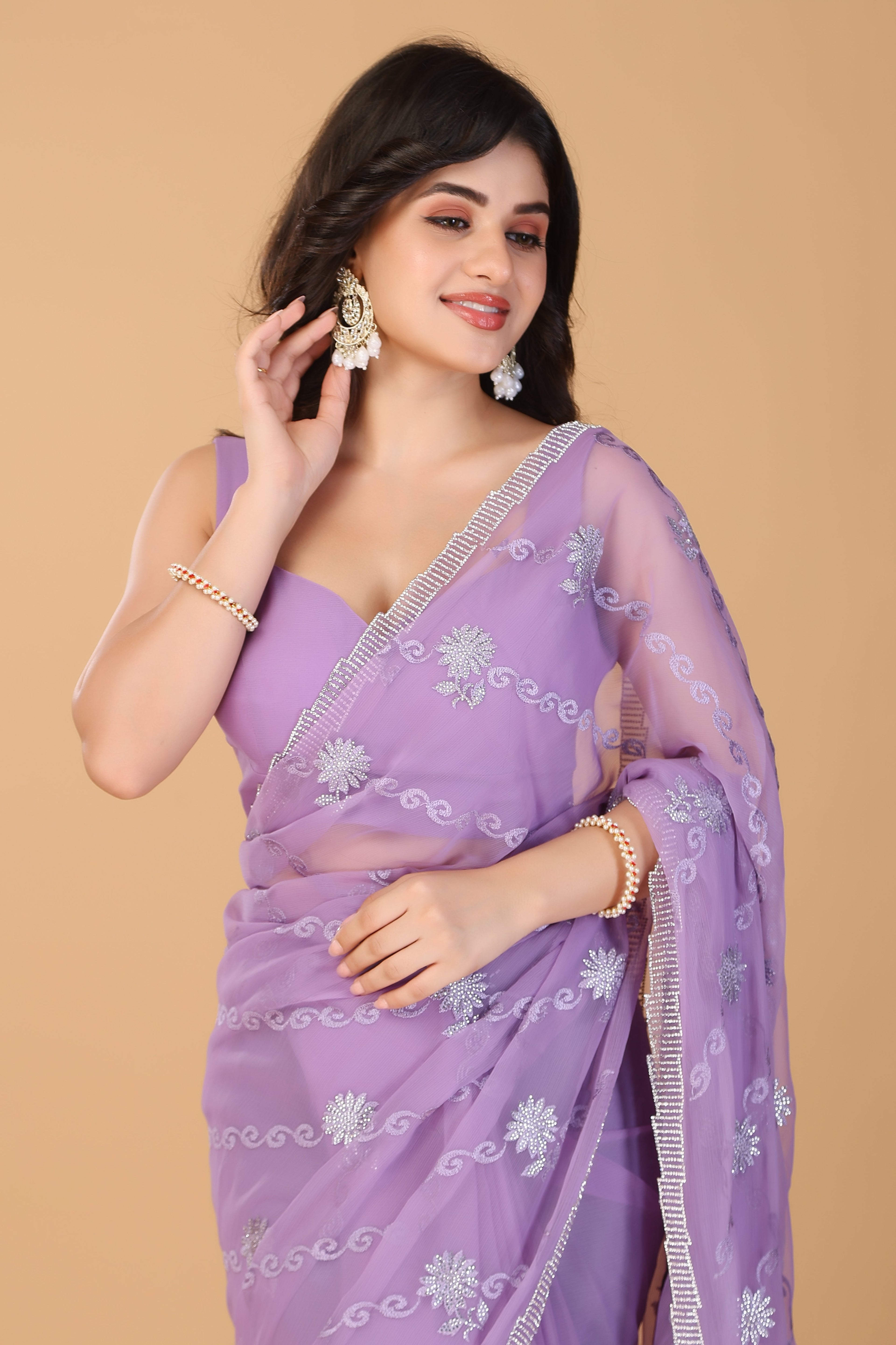 Lavender thread work swarovski chiffon saree