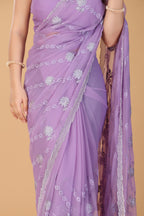 Lavender thread work swarovski chiffon saree