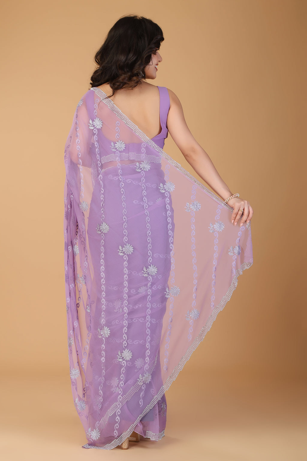 Lavender thread work swarovski chiffon saree