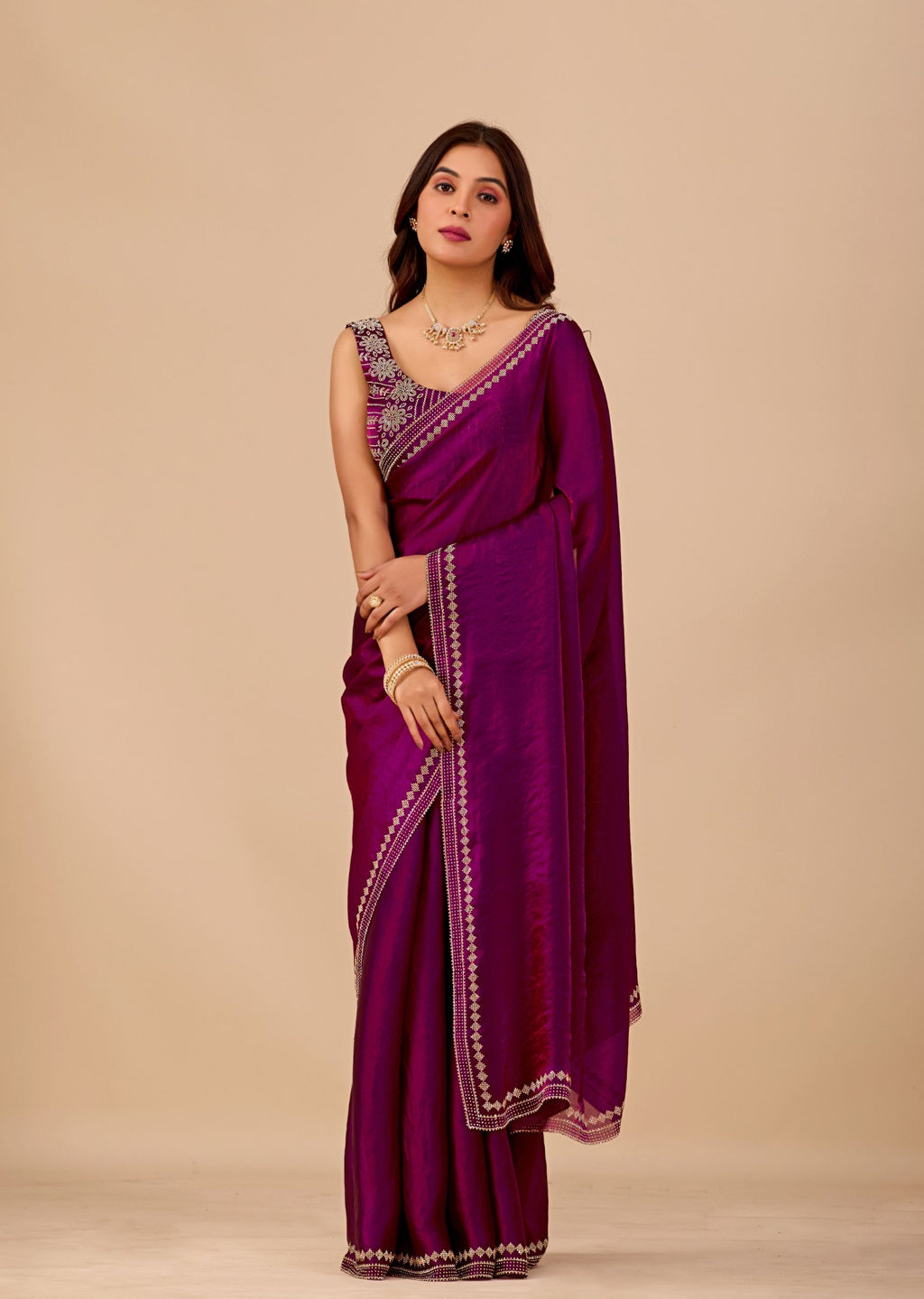 Royal Blue Organza Saree with Stone Work Border & Designer Embellished Blouse