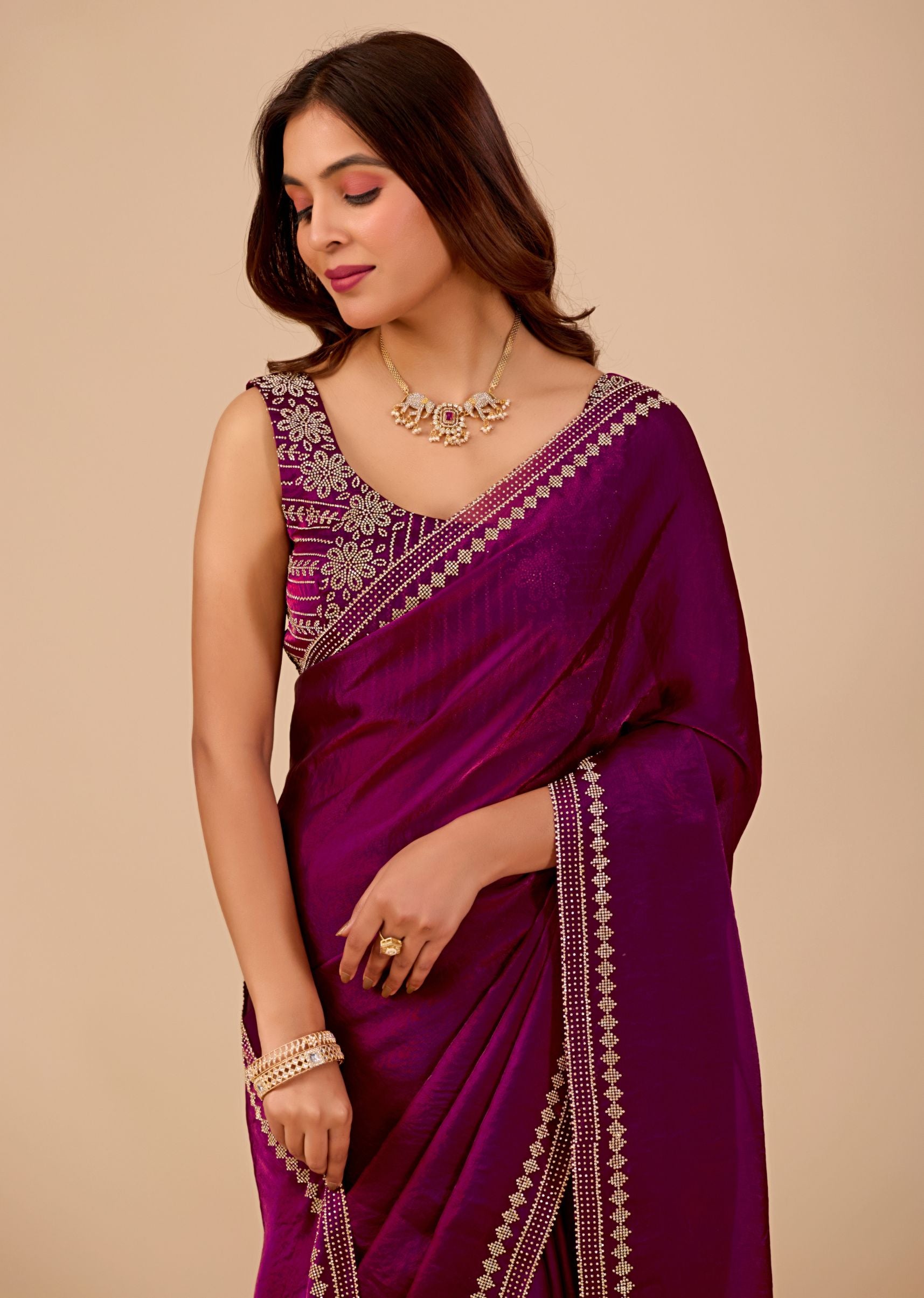 Royal Blue Organza Saree with Stone Work Border & Designer Embellished Blouse