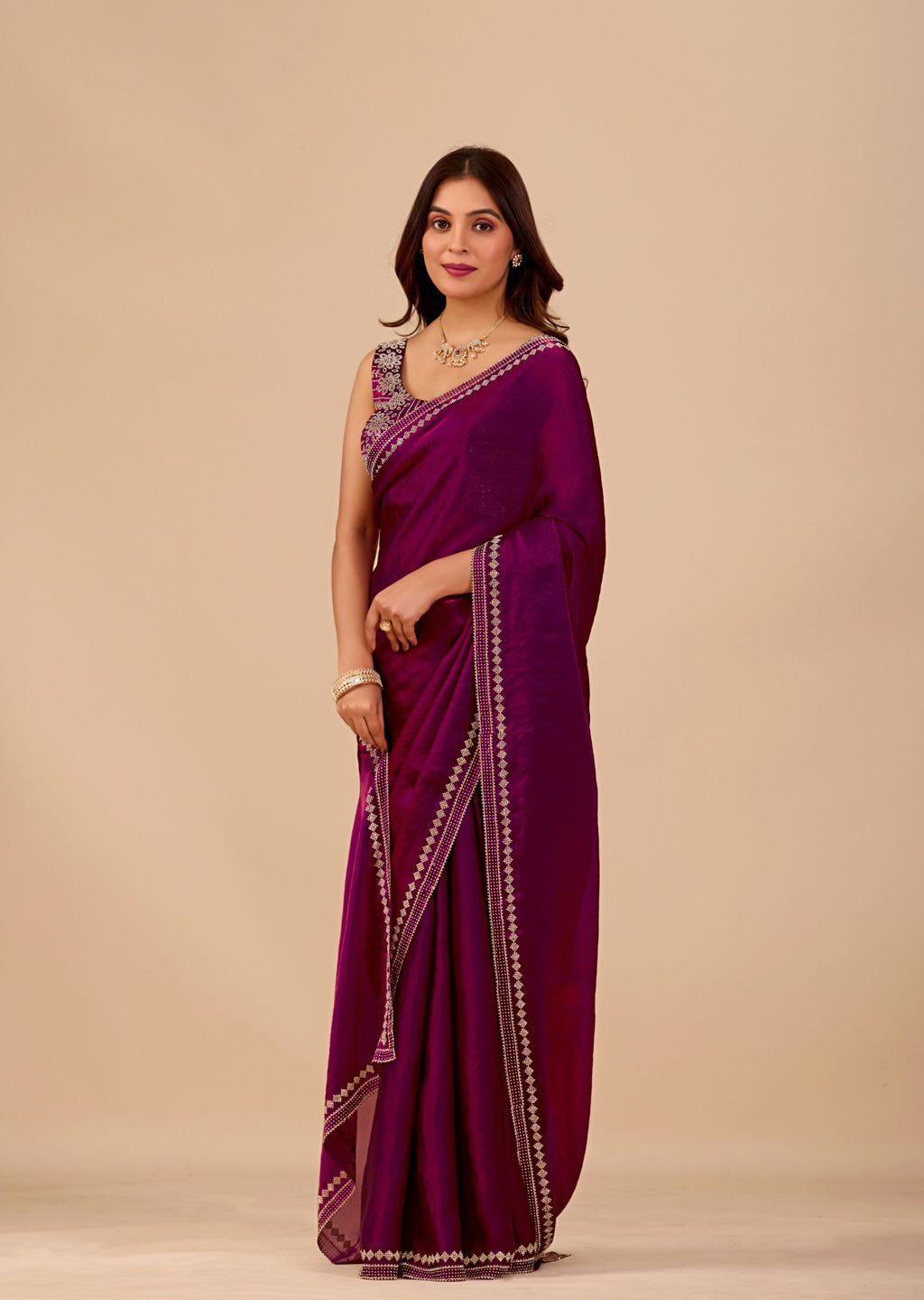 Royal Blue Organza Saree with Stone Work Border & Designer Embellished Blouse