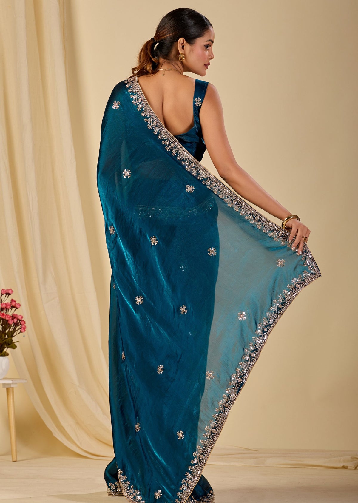 Teal Blue Italian Silk Saree With Embroidery Work