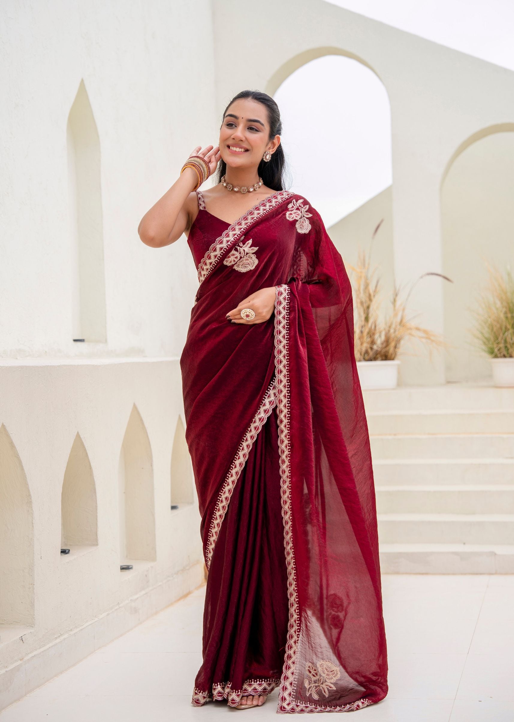 Purple Italian Silk Saree Outdoor Styled Look - Wedding Wear Saree