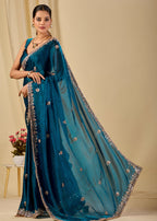 Teal Blue Italian Silk Saree Outdoor Look - Wedding Wear Saree
