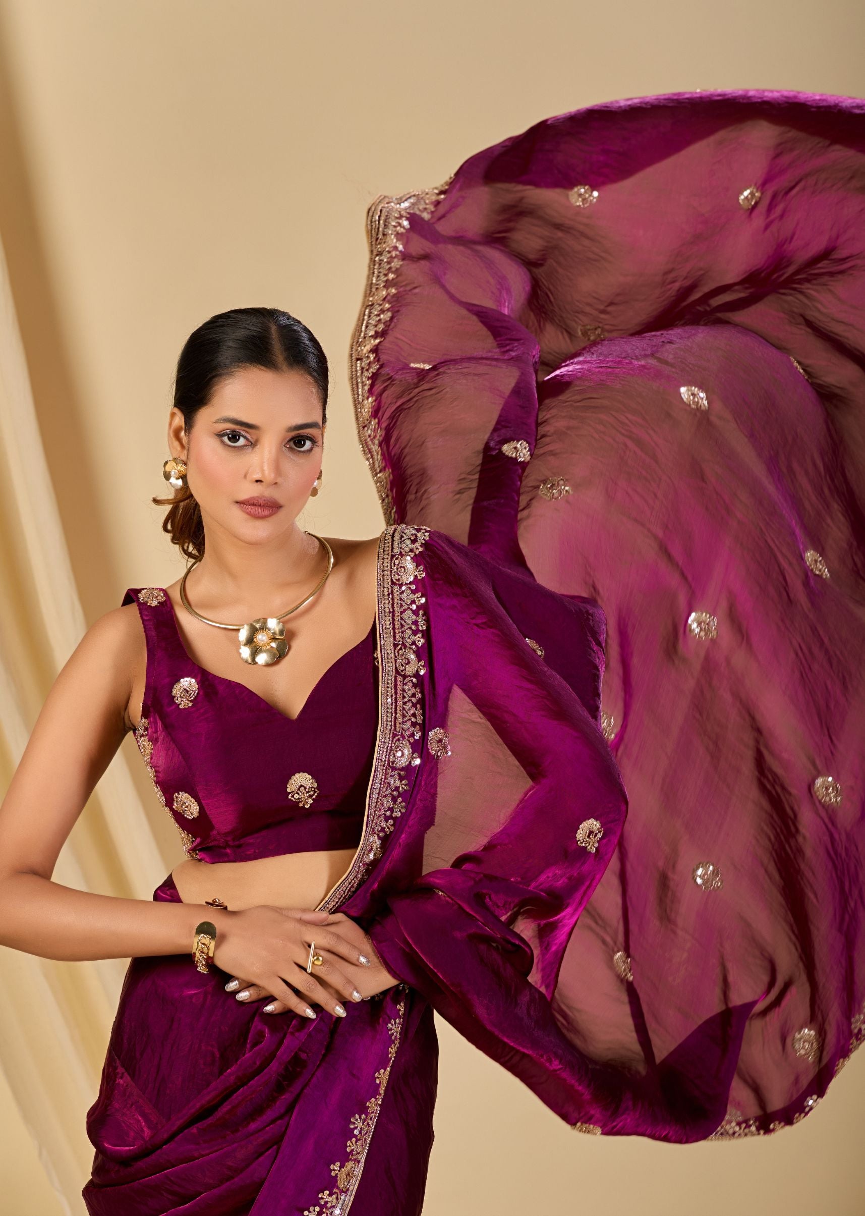 Wine Purple Italian Silk Saree Outdoor Look - Wedding Wear Saree