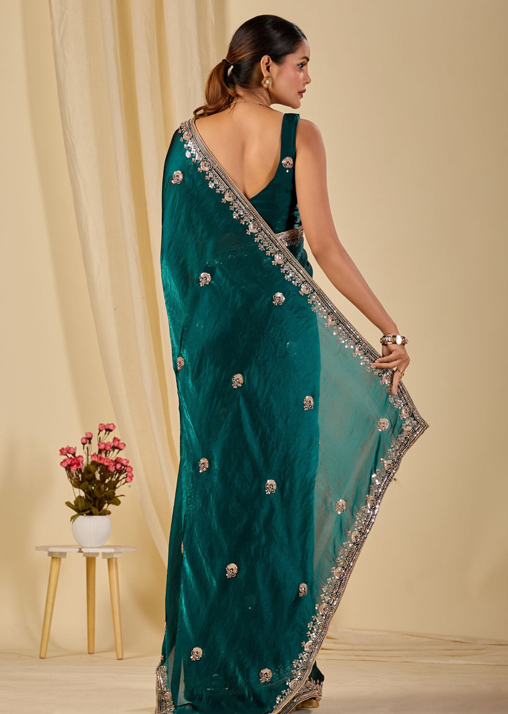 Teal Italian Silk Saree Draped Look - Floral Embroidery Detail