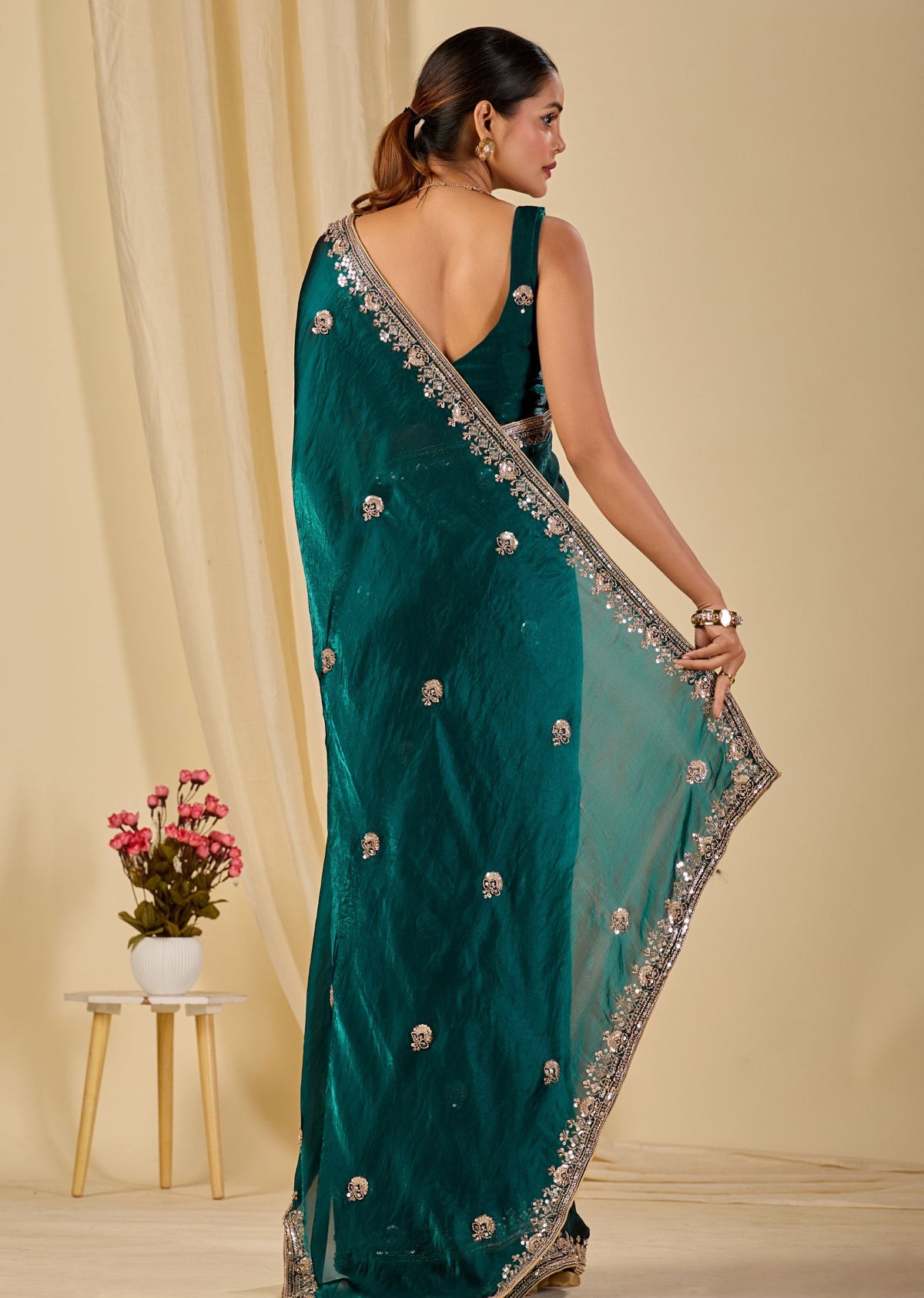 Teal Italian Silk Saree Draped Look - Floral Embroidery Detail