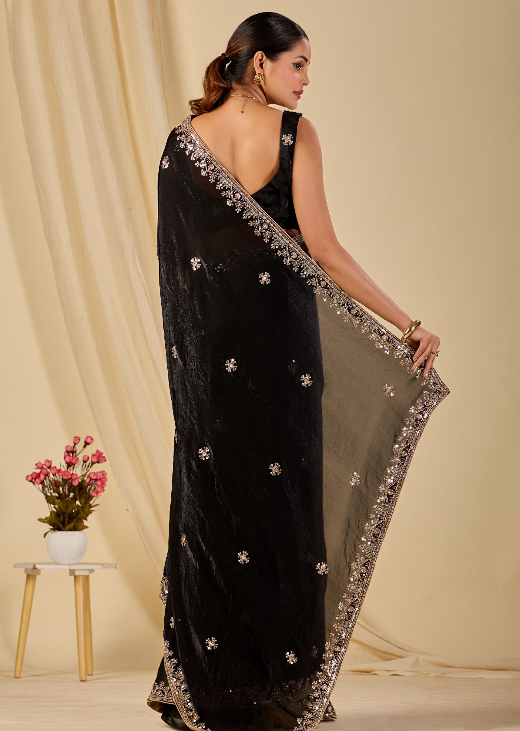 Black party wear organza saree with sequin work